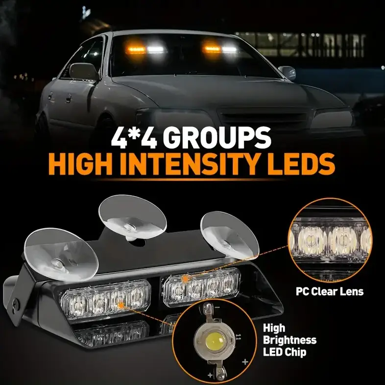12V 2 in 1 Emergency Dash Strobe Lights Interior Windshield Amber White Warning by salelink.co.nz