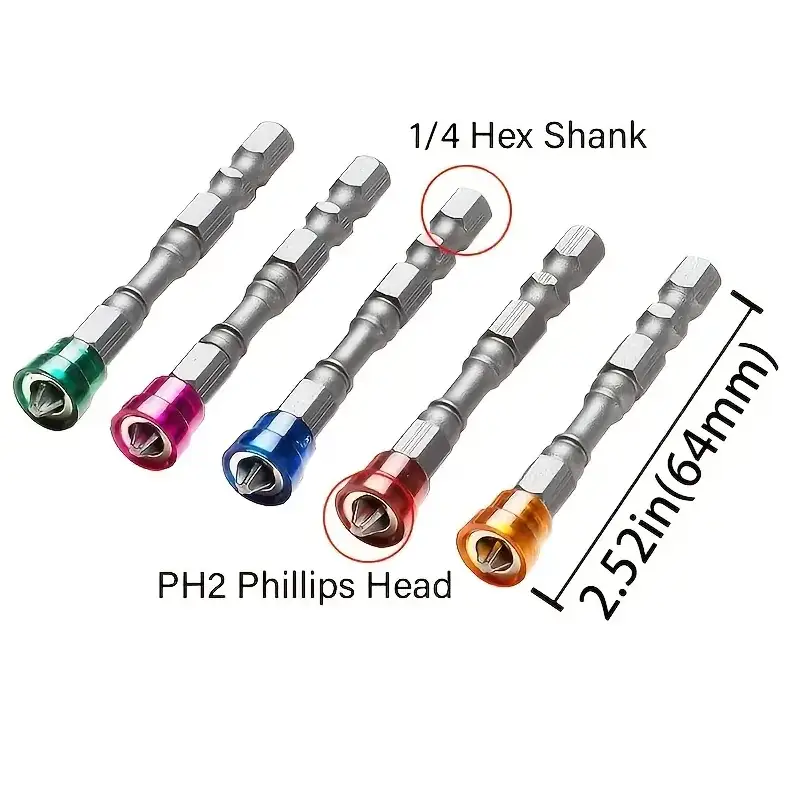 5pcs Magnetic Drill Bit Set - 65mm S2 Steel Phillips Head, 1/4 Inch Hex Shank For Power Screwdriver by salelink.co.nz