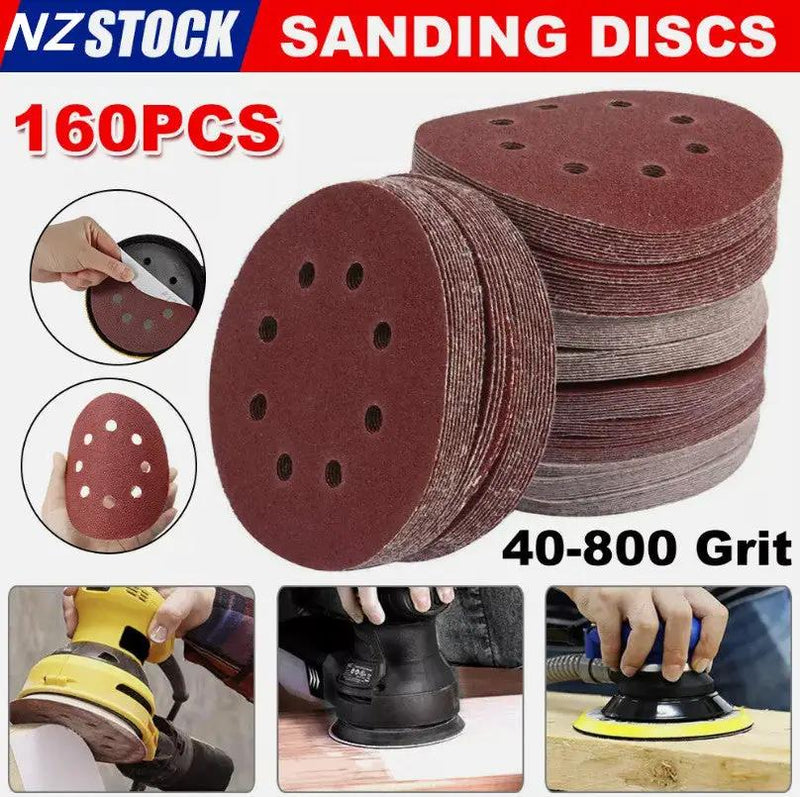 160PCS Sanding Discs 40-800 Grit Pads 125mm Hook&Loop 8 Hole Orbital Sandpaper by salelink.co.nz