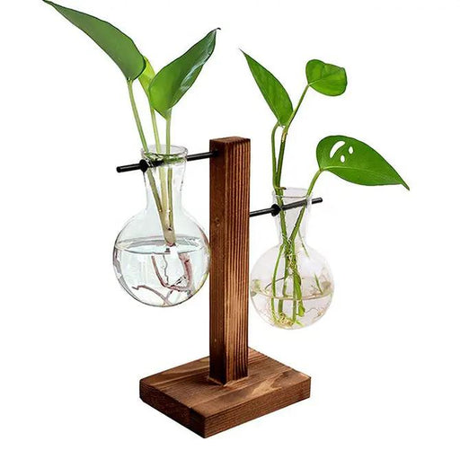 Hydroponic Vase Wooden Stand Glass Bulb Plants Container by salelink.co.nz