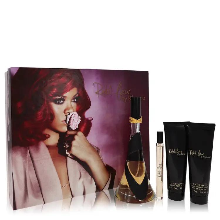 Rebl Fleur Gift Set - 3.4 oz Eau De Parfum Spray + 3 oz Body Lotion + 3 oz Shower Gel + .34 oz Mini EDP Spray by Rihanna -- by Brands HD