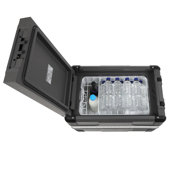 MyCoolman Portable Fridge showing open lid with water bottles and containers inside.