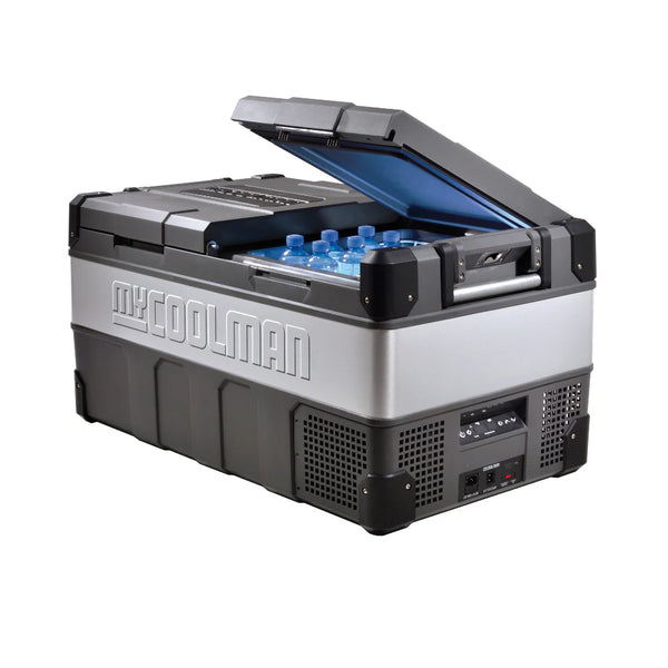 MyCoolman Portable Fridge 85 Litre Dual Zone AC-DC with bottles inside open lid view