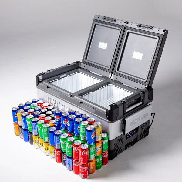 MyCoolman Portable Fridge 85 Litre Dual Zone AC-DC with cans of soda arranged in front