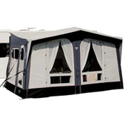 Vango Riviera 390 Awning Elements Pro Shield set up on a caravan, offering a spacious outdoor living area.