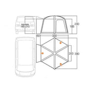 Dimensions and design blueprint of Vango Airhub Hexaway II Low 2.5M Awning.