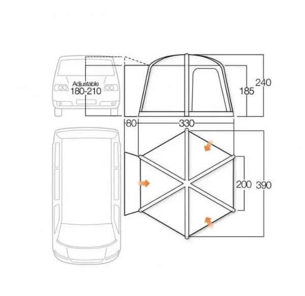 Dimensions and design blueprint of Vango Airhub Hexaway II Low 2.5M Awning.