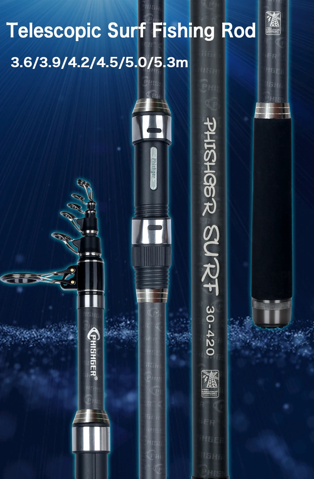 PHISHGER Telescopic Surf Spinning Rod 3.6/4.2/4.5/5.0/5.3m Power80-150g 30T Carbon Travel Surfcasting Shore Casting Fishing Pole - Action Outdoors Kiwi