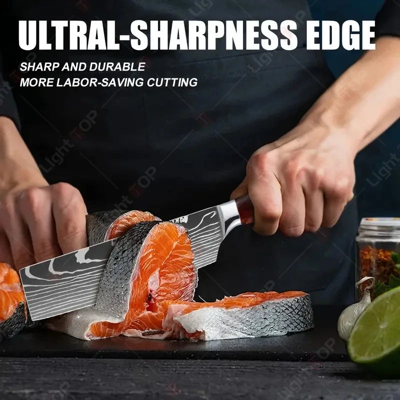 Damascus Kitchen Knives with Titanium Cutting Board Japanese Santoku Cleaver Stainless Steel Boning Knife Portable Meat Chopping - Action Outdoors Kiwi