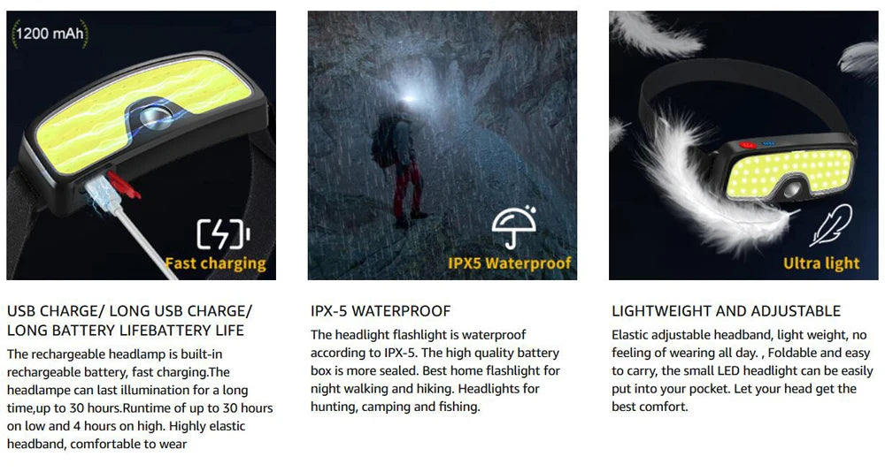 Powerful Headlamp Rechargeable COB LED Headlight Flashlight Outdoor Emergency Lantern Night Working Lights Camping Supplies - Action Outdoors Kiwi