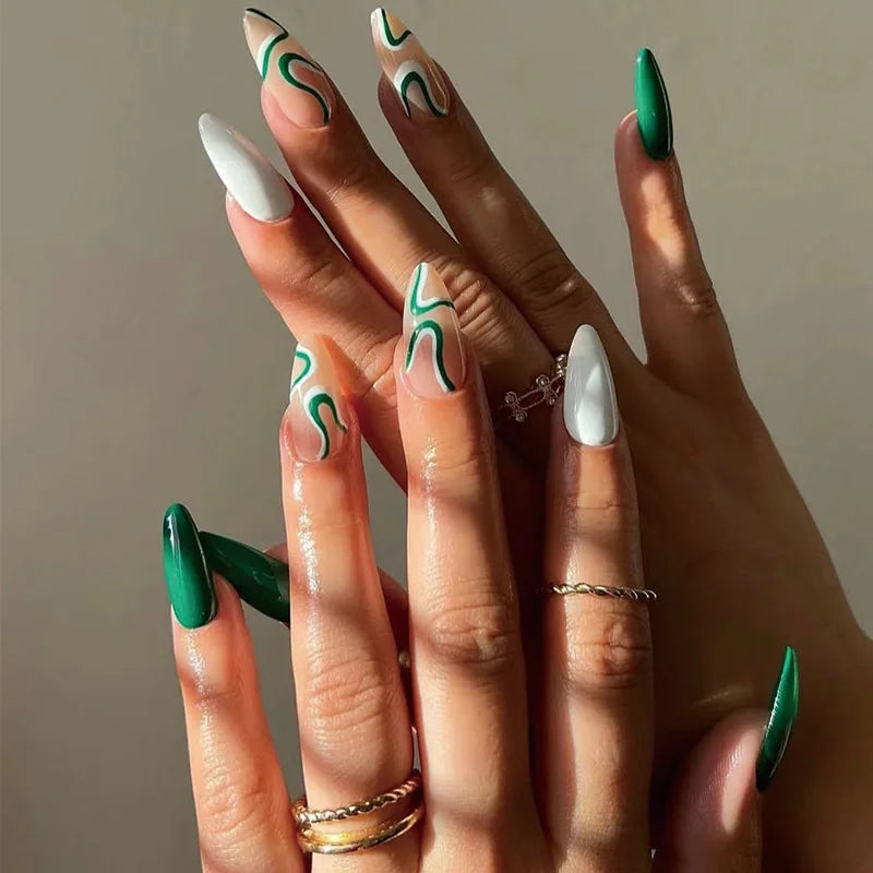 24Pcs Simple Green French False Nails Short Almond Fake Nails with Wave Line Design Wearable Round Head Press on Nail Tips - Action Outdoors Kiwi