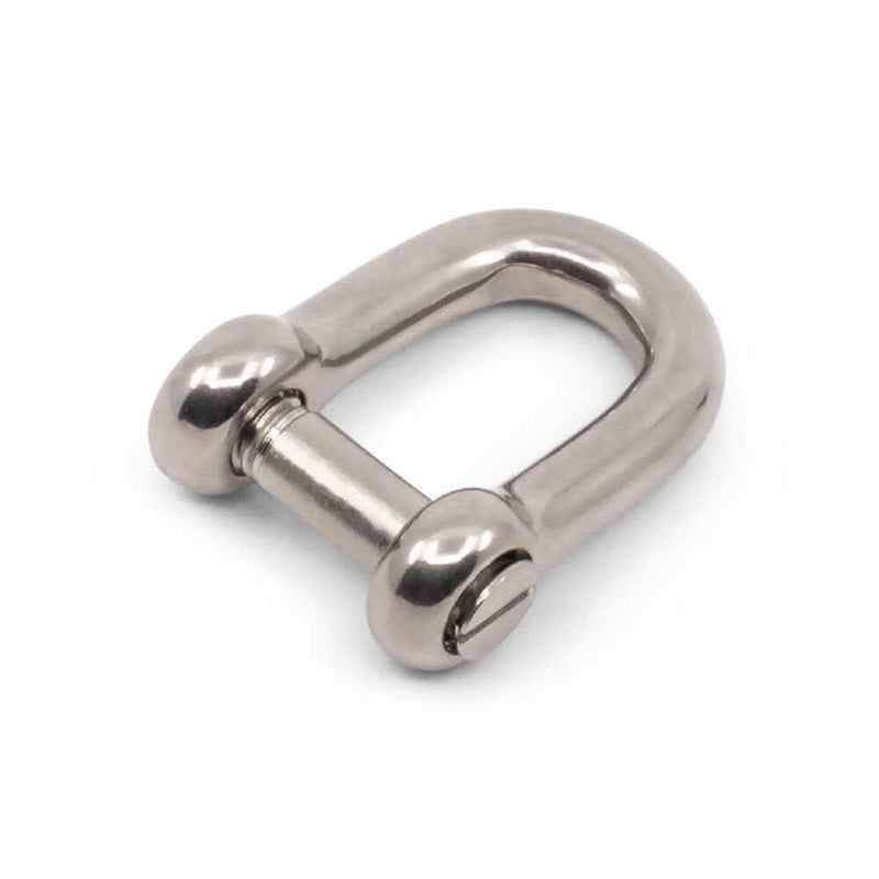 S360C M10 316 Slot Drive D Shackle made from 316 grade stainless steel with a polished finish.