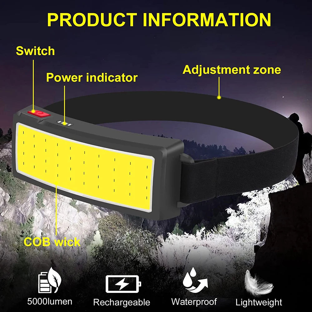 Powerful Headlamp Rechargeable COB LED Headlight Flashlight Outdoor Emergency Lantern Night Working Lights Camping Supplies - Action Outdoors Kiwi