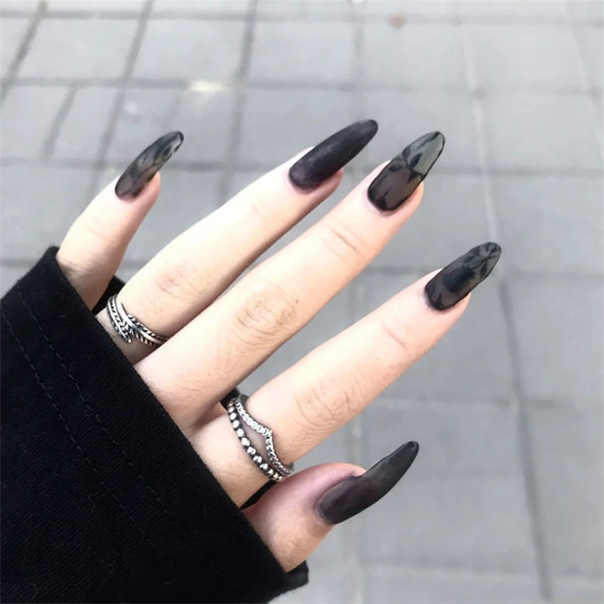 24Pcs/Set Medium Long Oval Acrylic Press on Nails Artificial Full Cover Wearing False Nails Black Gradient Almond Fake Nails Art - Action Outdoors Kiwi