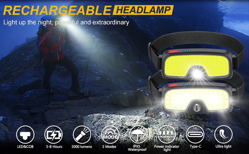 Powerful Headlamp Rechargeable COB LED Headlight Flashlight Outdoor Emergency Lantern Night Working Lights Camping Supplies - Action Outdoors Kiwi