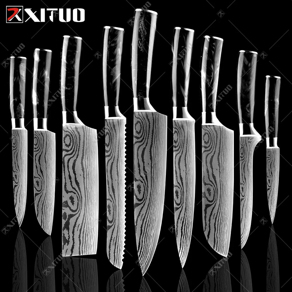 XITUO Kitchen Knife Set Meat Cleaver Chef Knives Stainless Steel Santoku Fruit Vegetable Knife Damascus Pattern Cooking Cutter - Action Outdoors Kiwi