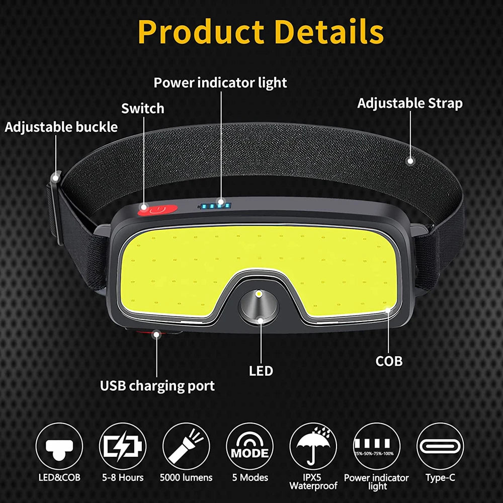 Powerful Headlamp Rechargeable COB LED Headlight Flashlight Outdoor Emergency Lantern Night Working Lights Camping Supplies - Action Outdoors Kiwi
