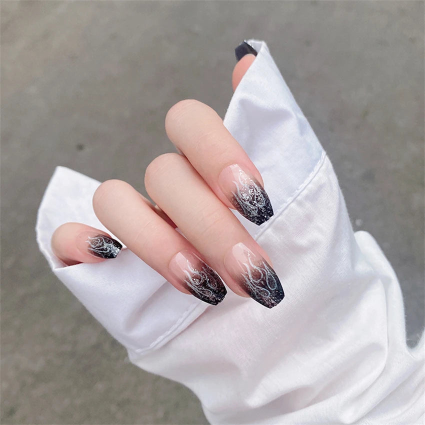 24Pcs/Set Medium Long Oval Acrylic Press on Nails Artificial Full Cover Wearing False Nails Black Gradient Almond Fake Nails Art - Action Outdoors Kiwi