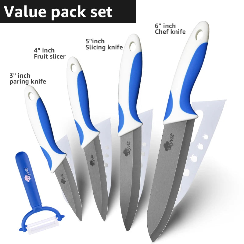 Kitchen Knives Ceramic Knife Set 3 4 5 6 inch Chef Knife Stand Holder Utility with Peeler Fruit Vegetable White Blade Anti-slip - Action Outdoors Kiwi