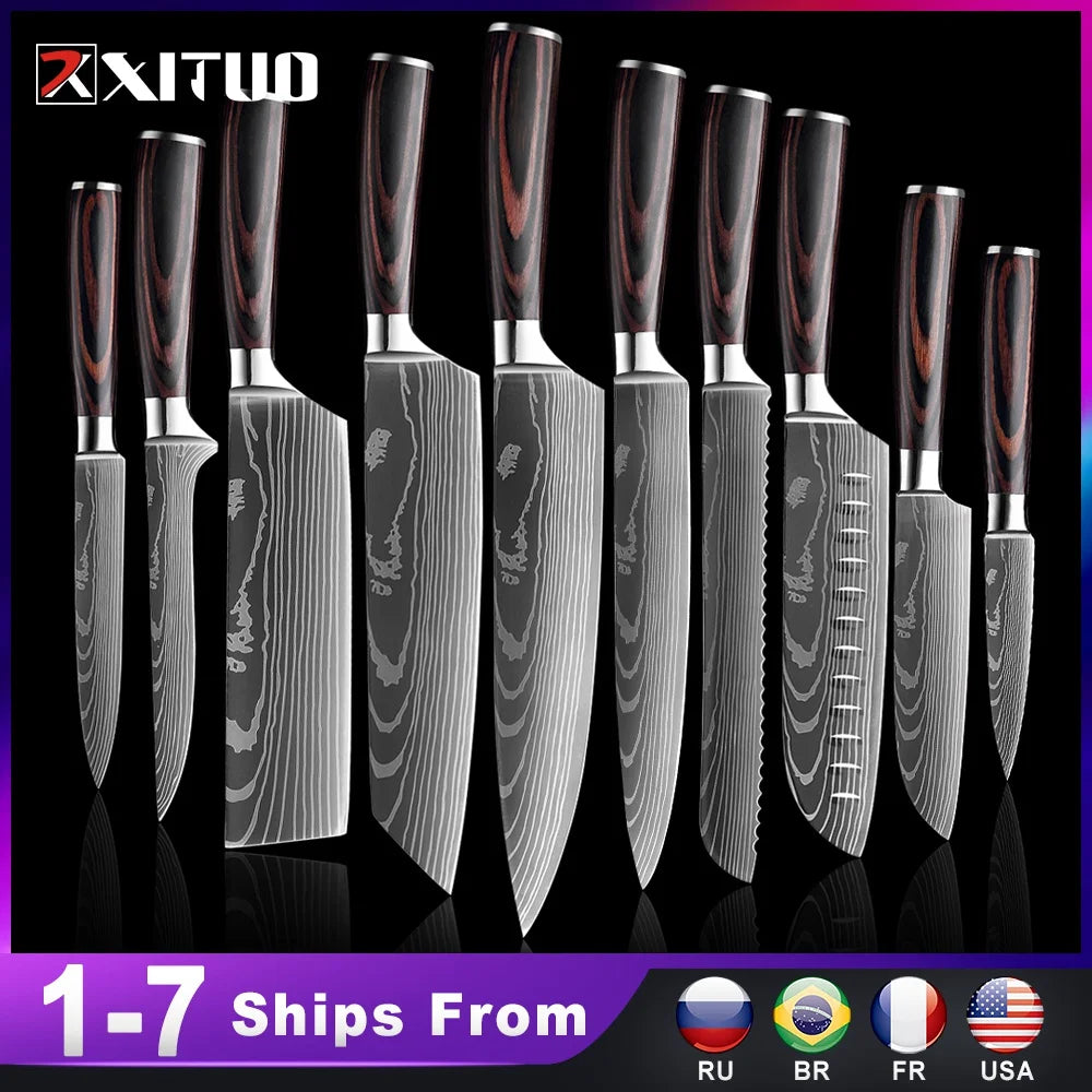 XITUO Kitchen Knife Set Meat Cleaver Chef Knives Stainless Steel Santoku Fruit Vegetable Knife Damascus Pattern Cooking Cutter - Action Outdoors Kiwi