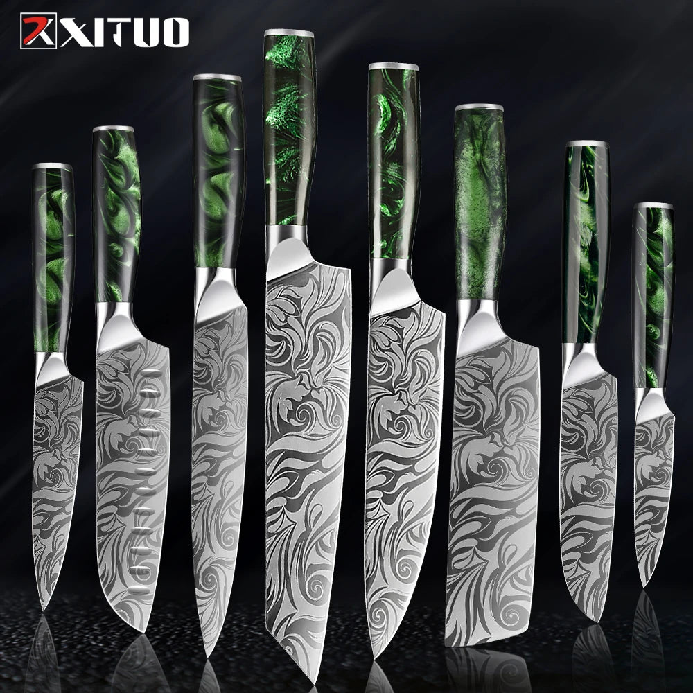XITUO Kitchen Knife Set Meat Cleaver Chef Knives Stainless Steel Santoku Fruit Vegetable Knife Damascus Pattern Cooking Cutter - Action Outdoors Kiwi