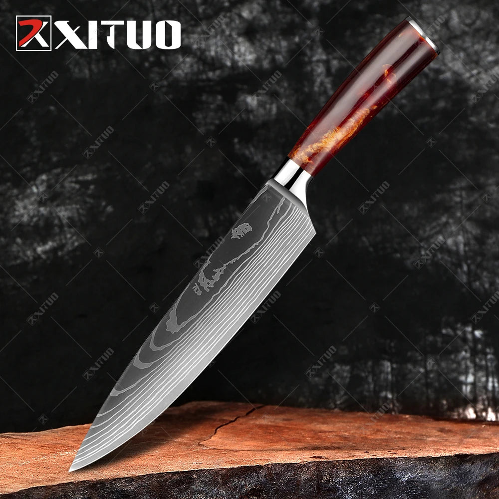 XITUO Kitchen Knife Set Meat Cleaver Chef Knives Stainless Steel Santoku Fruit Vegetable Knife Damascus Pattern Cooking Cutter - Action Outdoors Kiwi
