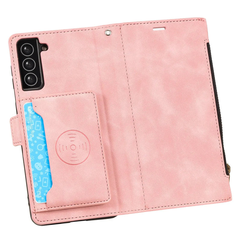 Samsung S21 Wallet Case Pink PU Leather Dual Layer Card Slots