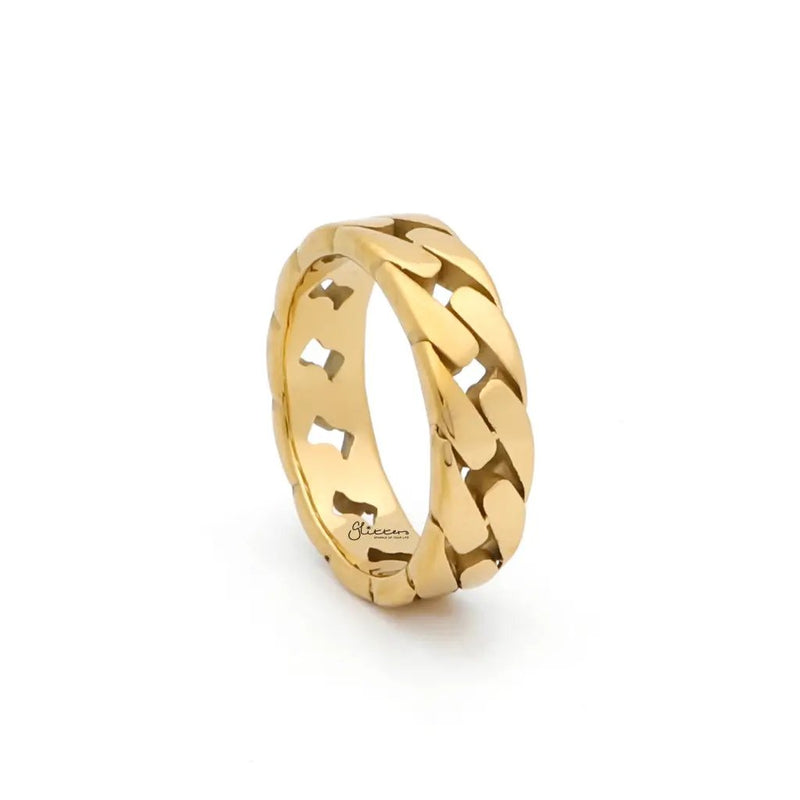 Stainless Steel Cuban Curb Chain Link Ring - Gold by Glitters