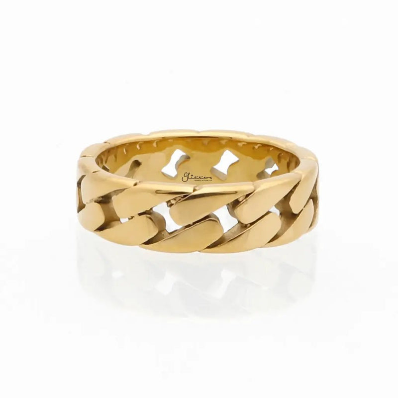 Stainless Steel Cuban Curb Chain Link Ring - Gold by Glitters