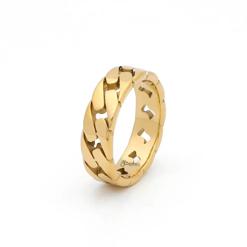 Stainless Steel Cuban Curb Chain Link Ring - Gold by Glitters