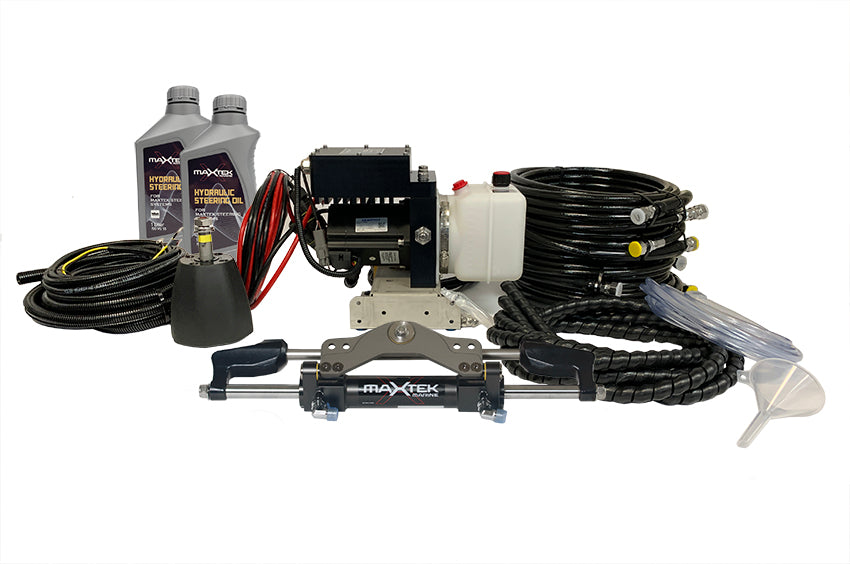 Maxtek Power Hydraulic Steering system components including hydraulic unit, hoses, and oil bottles.