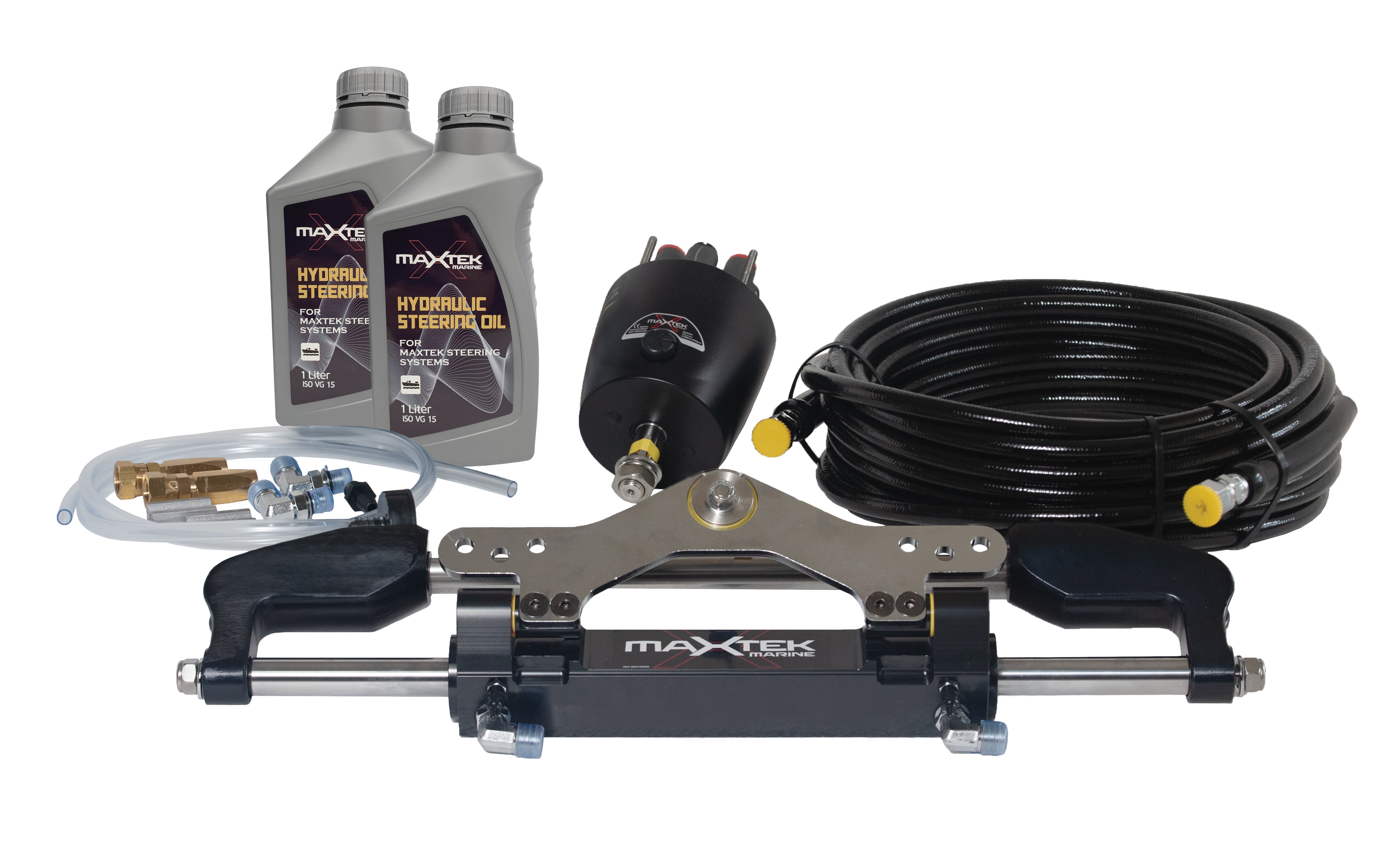 Maxtek Power Hydraulic Steering 700hp High Horsepower Complete Kit including hydraulic components and steering oil.