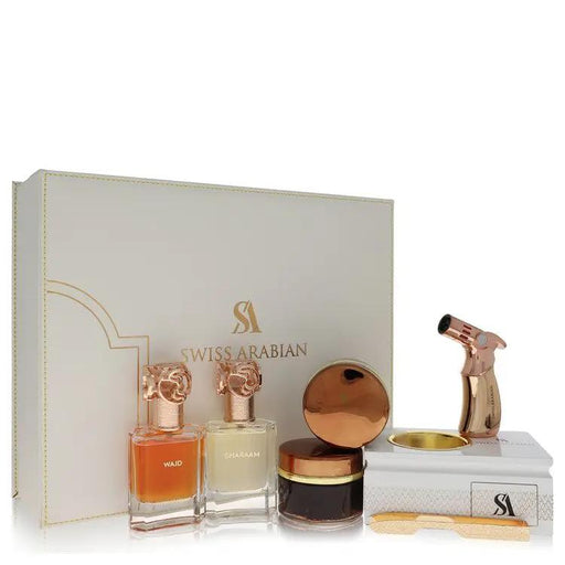 Brands HD Gift Set - Gift Set contains 2 x 1.7 oz Eau De Parfum in Wajd & Gharaam + 2 x 60 grams of Incense in Dukhoon Al Haram & Oud Muattar Mumtaz Swiss Arabian Bakhoor Dukhoon Al Haram Gift Set - Gift Set contains 2 x 1.7 oz Eau De Parfum in Wajd & Gharaam + 2 x 60 grams of Incense in Dukhoon Al Haram & Oud Muattar Mumtaz by Swiss Arabian -- Swiss Arabian Bakhoor Dukhoon Al Haram Gift Set - Gift Set contains 2 x 1.7 oz Eau De Parfum in Wajd & Gharaam + 2 x 60 grams of Incense in Dukhoon Al Haram & Oud Mu