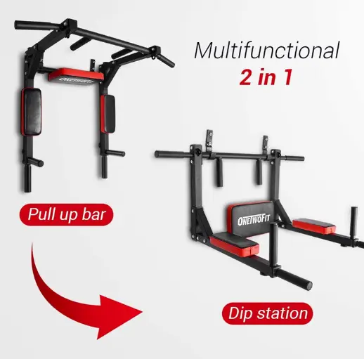 Pull Up Bar and Dip Station - Black + Red by salelink.co.nz