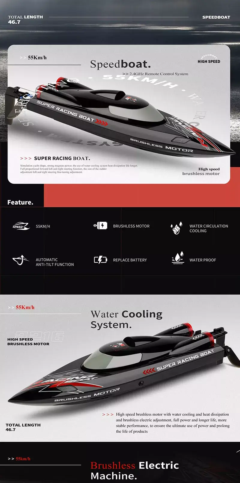 55km/h Brushless Motor High Speeds R/C Boat 2.4G w/ LED Light Water Cooling by dealonline.co.nz