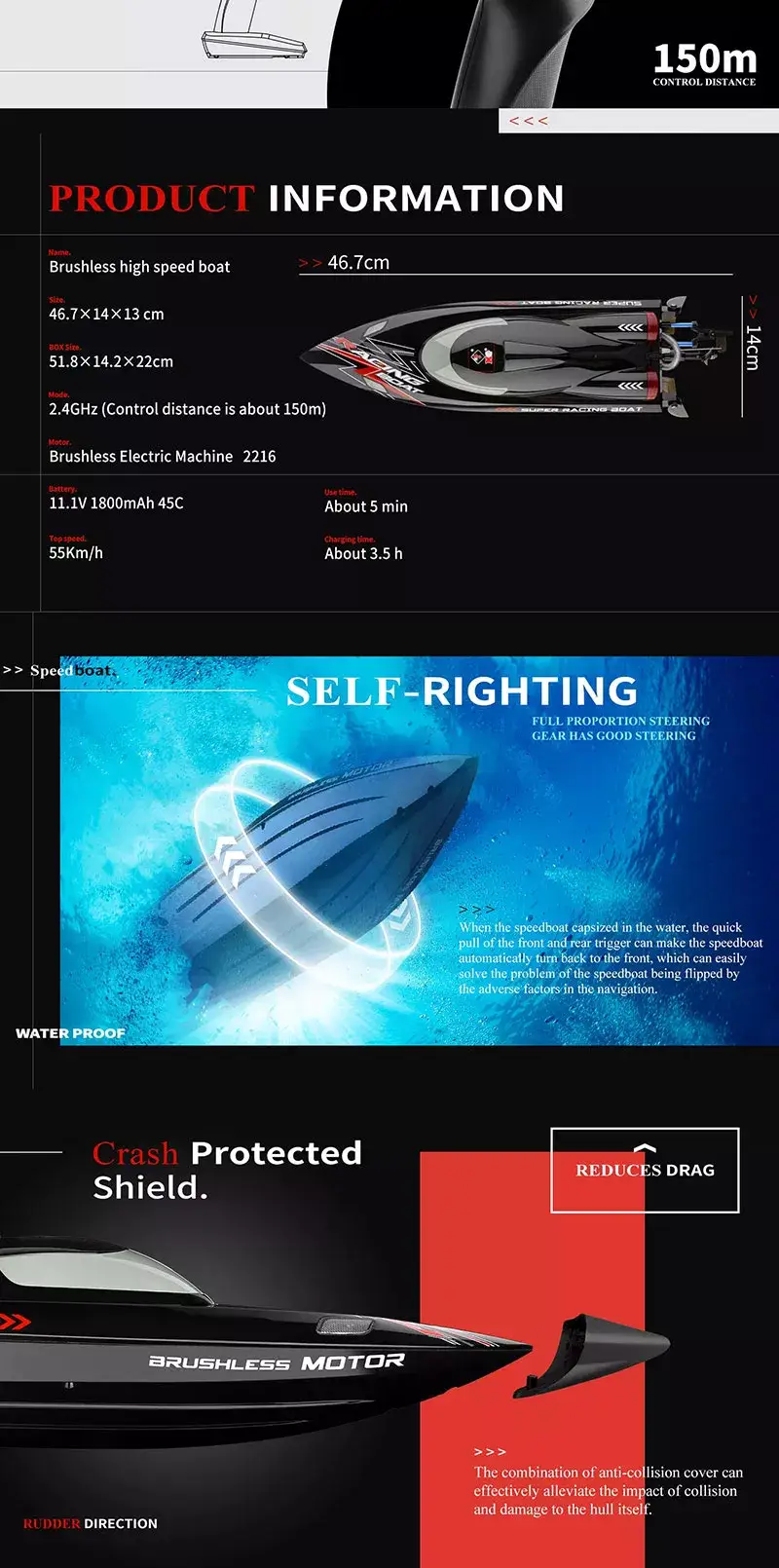 55km/h Brushless Motor High Speeds R/C Boat 2.4G w/ LED Light Water Cooling by dealonline.co.nz