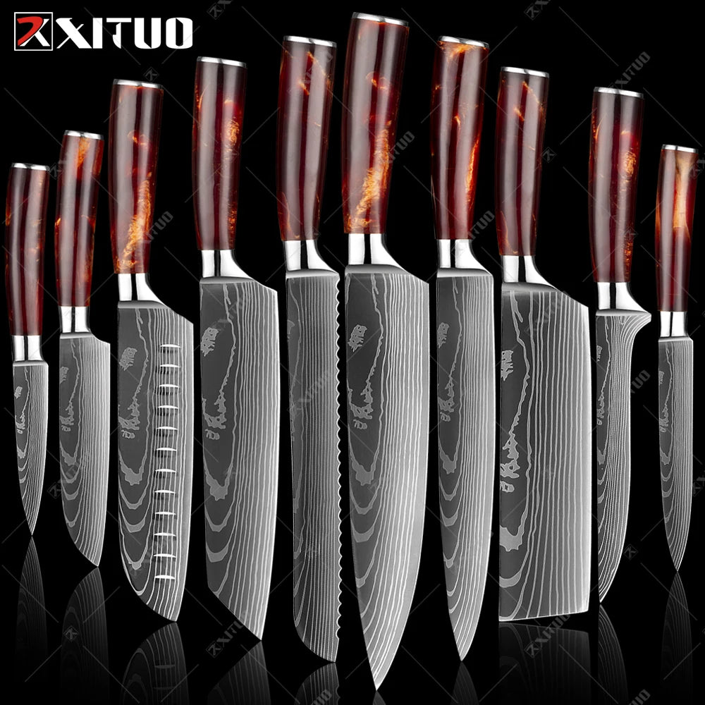 XITUO Kitchen Knife Set Meat Cleaver Chef Knives Stainless Steel Santoku Fruit Vegetable Knife Damascus Pattern Cooking Cutter - Action Outdoors Kiwi