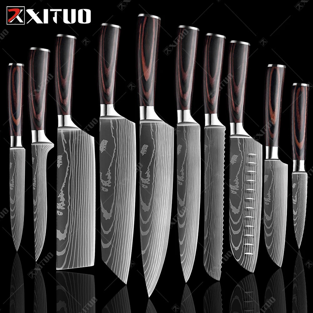 XITUO Kitchen Knife Set Meat Cleaver Chef Knives Stainless Steel Santoku Fruit Vegetable Knife Damascus Pattern Cooking Cutter - Action Outdoors Kiwi