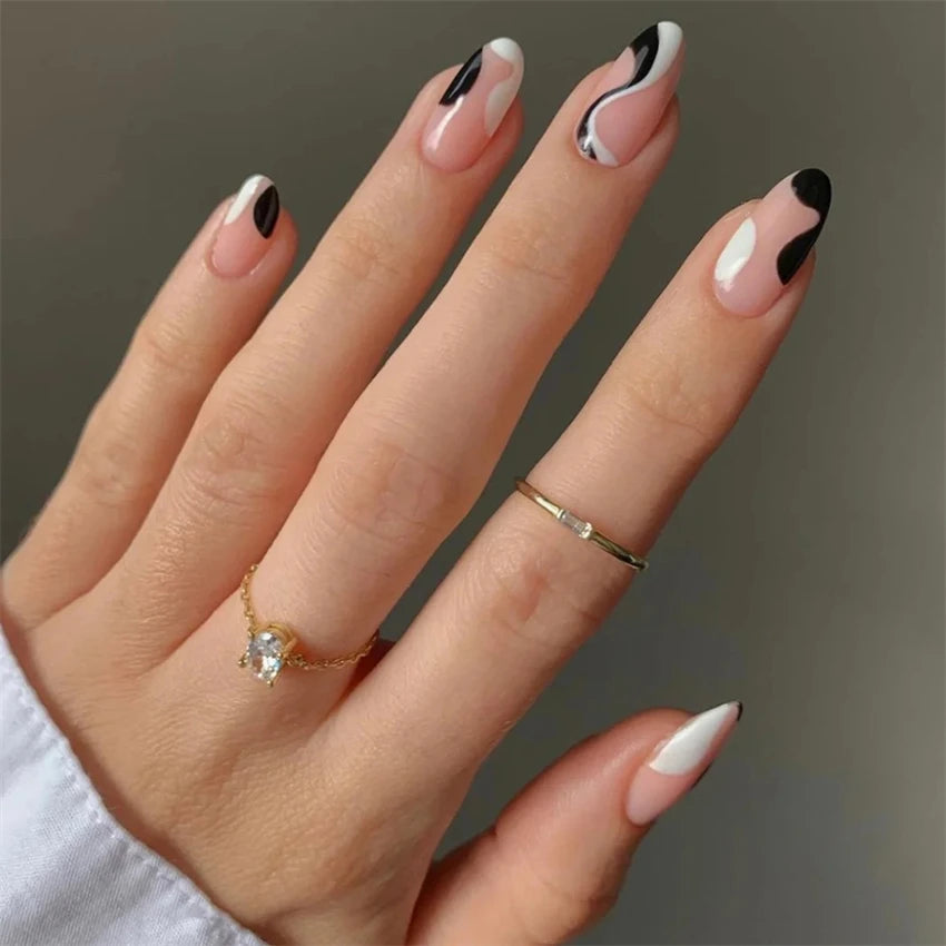 24Pcs/Set Medium Long Oval Acrylic Press on Nails Artificial Full Cover Wearing False Nails Black Gradient Almond Fake Nails Art - Action Outdoors Kiwi