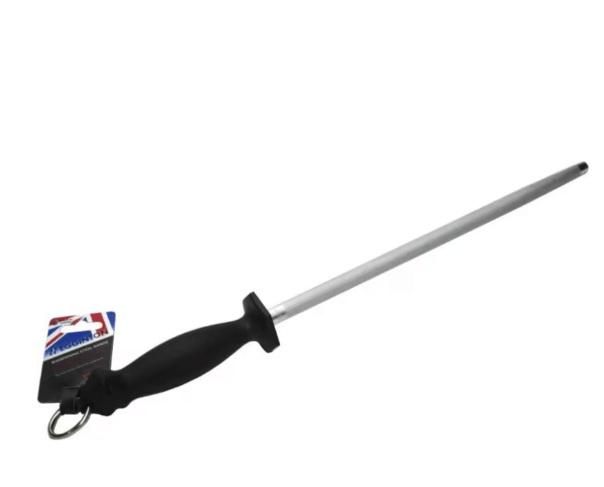 Egginton Butchers Steel Bull Head P443 #5 300mm professional sharpening steel with black handle and stainless steel blade.