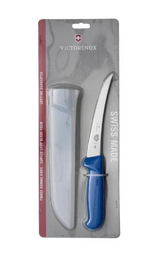 Victorinox boning knife with stiff curved blade and blue handle, includes sheath, Swiss made 15cm.