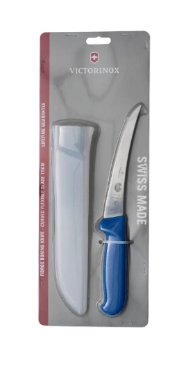 Victorinox Boning Knife Flexible Curved Blade Blue Handle with Sheath in packaging, Swiss made.