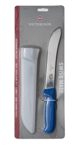 Victorinox Boning Knife Stiff Curved Wide Blade Blue Handle in packaging with sheath