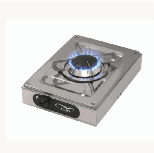 CAN Single Burner Hob Stainless Steel with blue flame, designed for marine cooking, showcasing safety thermocouple feature.