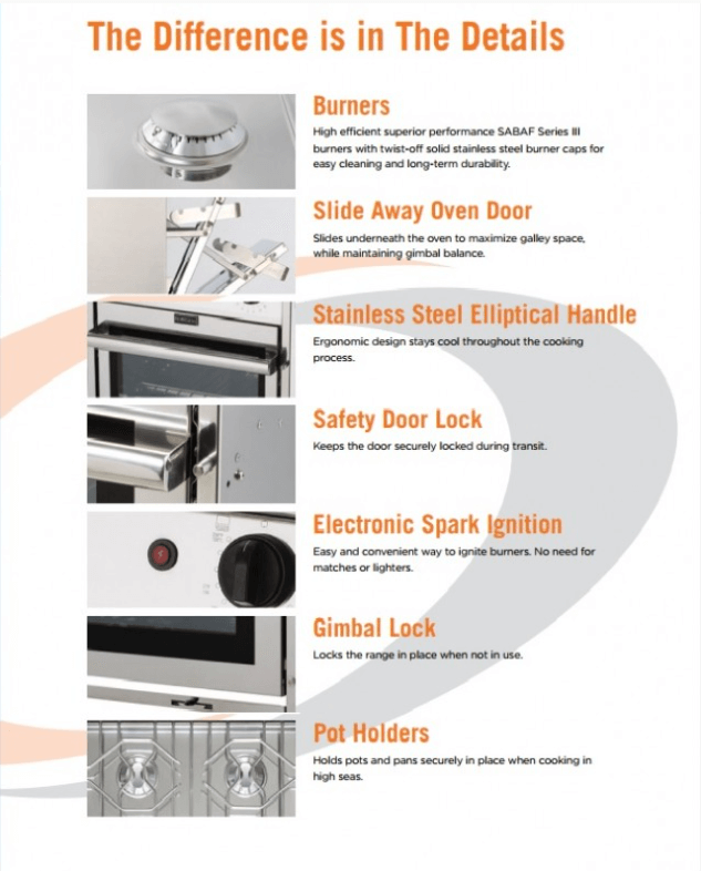 Force 10 - 2 Burner Subcompact Oven features detailed overview including burners, oven door, safety lock, and ignition.