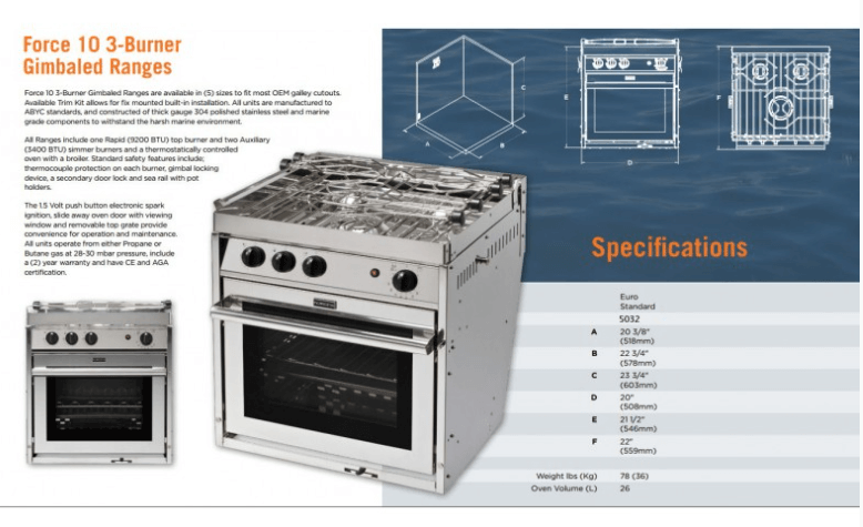 Force 10 - 3 Burner Premium Quality 26 Litre Oven with specifications and design details.