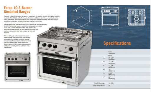 Force 10 - 3 Burner Premium Quality 26 Litre Oven with specifications and design details.