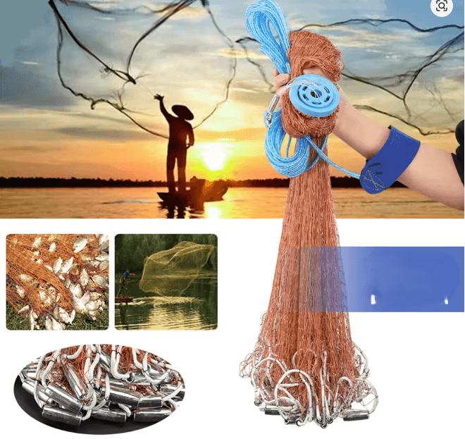 Frisbee Style 6FT x 1-00 Inch AM Style Cast Net displayed in outdoor setting near water.