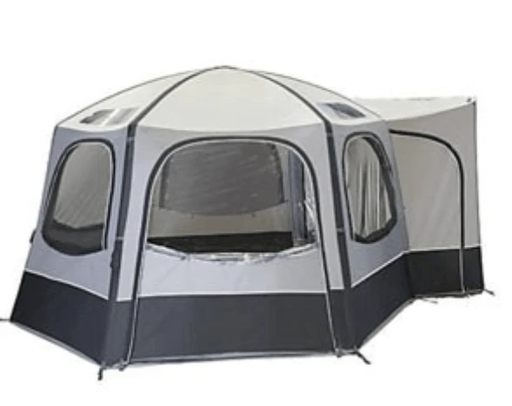 Vango Airhub Hexaway II Low 2.5M Awning showcasing its spacious hexagonal design and multiple entry points.