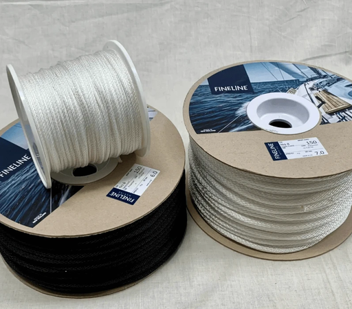 Fineline Hard Lay Sash Cord White Or Black 3mm to 9mm displayed on spools in black and white.